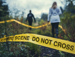 Two people are seen walking away from a crime scene marked with yellow tape in a secluded forest, with dense foliage and a cloudy sky creating a somber atmosphere