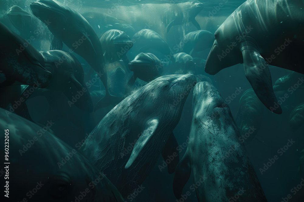 Poster multiple whales swim gracefully through deep blue waters in a large group, illuminated by soft rays 