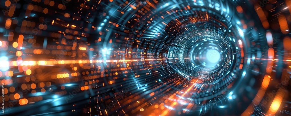 Poster futuristic tunnel with vibrant lights and dynamic patterns, showcasing advanced technology and digit