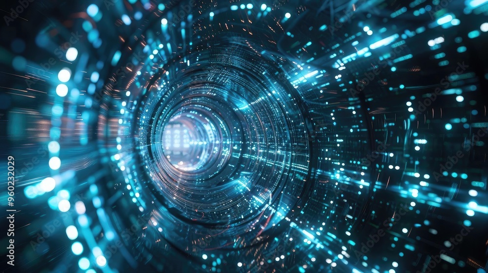Poster a futuristic tunnel of light, showcasing a vibrant array of glowing particles and digital effects, p