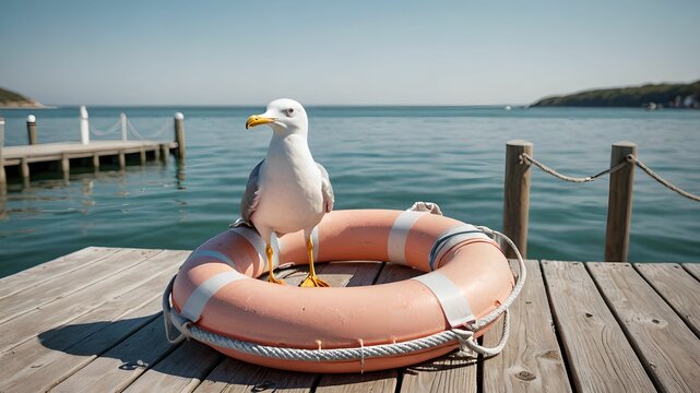 Seagull and Lifebuoy on Dock Near Calm Sea