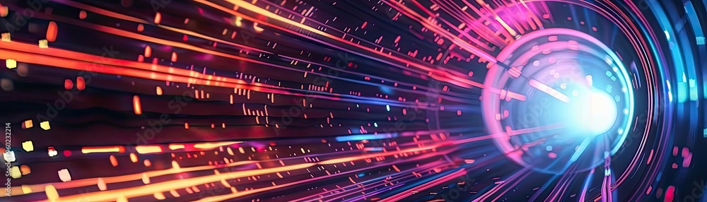 Poster a vibrant burst of light and energy, showcasing dynamic motion with colorful rays emanating from a c