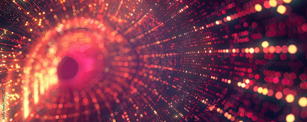 Poster abstract digital art featuring vibrant colors and glowing lights creating a mesmerizing tunnel effec
