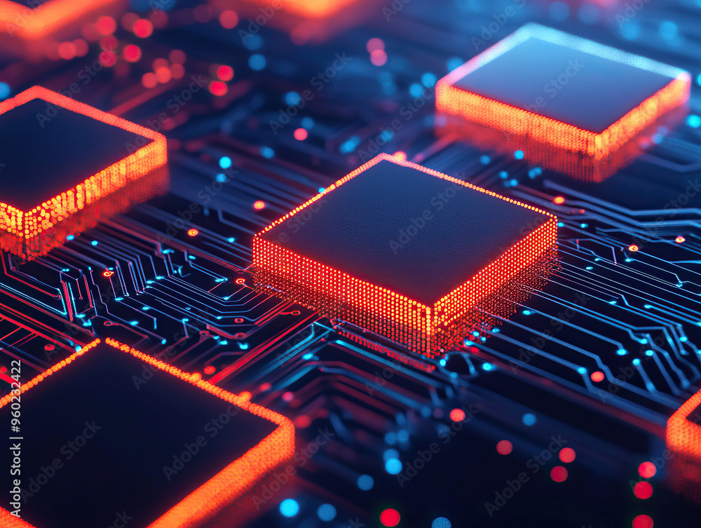 Poster close-up of a futuristic circuit board with glowing microchips, representing advanced technology and