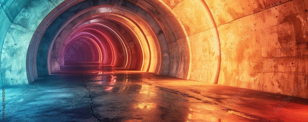 Poster colorful illuminated tunnel with reflective surface and artistic lighting creating a vibrant atmosph
