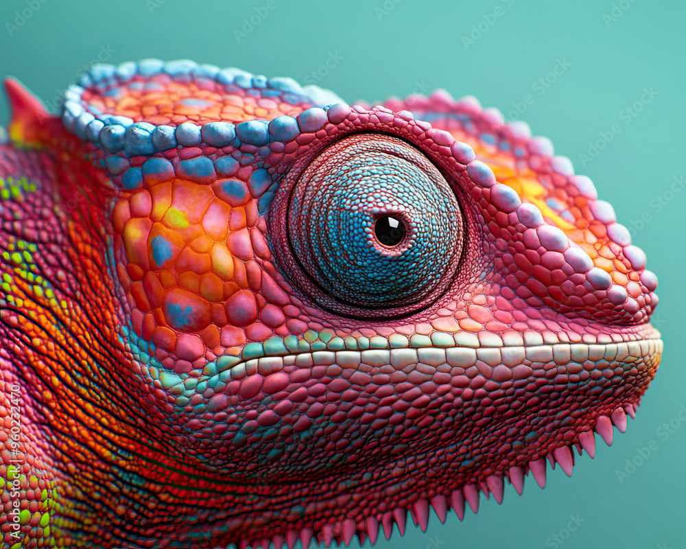 Poster close-up of a vibrant chameleon showcasing intricate textures and vivid colors against a soft backgr