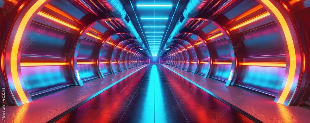 Poster futuristic corridor illuminated with vibrant blue and orange lights, creating a dynamic and modern a