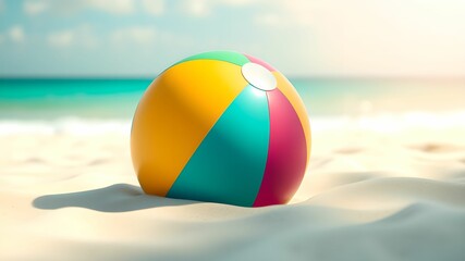 Colorful Beach Ball on Sandy Shore with Waves