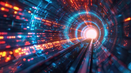 Fototapeta premium Vibrant futuristic tunnel with glowing lights representing speed and technology, ideal for digital and sci-fi themes.