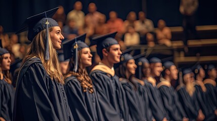 Fototapeta premium Graduates in caps and gowns during a commencement ceremony.