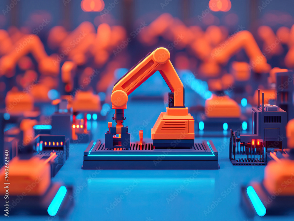 Poster close-up of an orange robotic arm amidst a blue illuminated factory environment, showcasing advanced