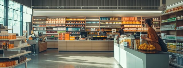 Modern grocery store interior with shelves full of products and customers