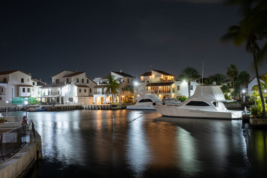 Night view of the select neighborhood of Lecheria where each house has its own marina to dock its yachts.