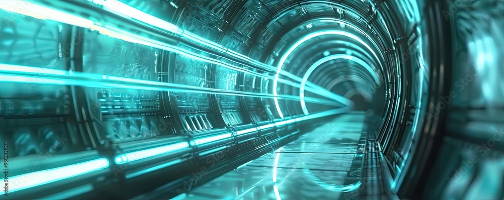 Poster futuristic tunnel with glowing blue lights, creating a sense of speed and movement through a technol