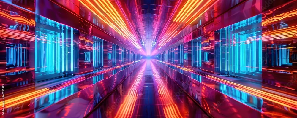Aufkleber futuristic tunnel with vibrant neon lights and reflective surfaces, creating a dynamic and immersive