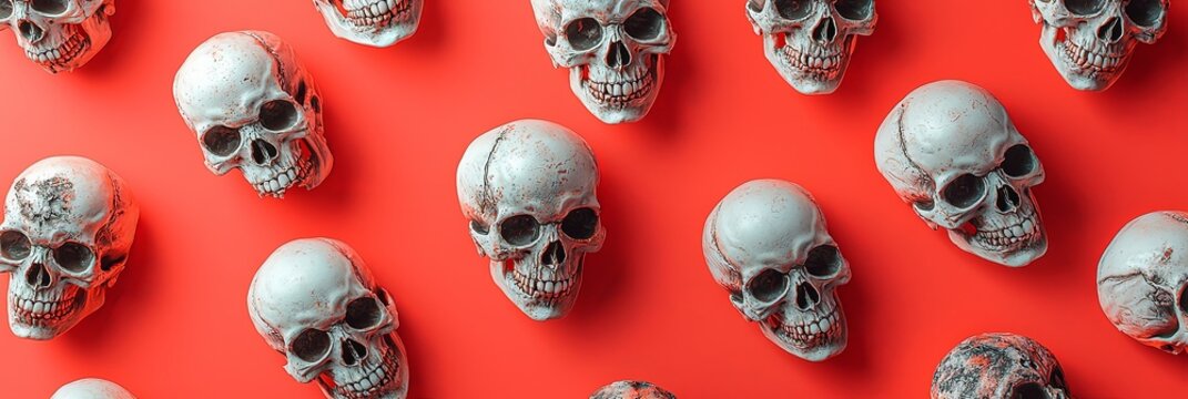 This image shows a pattern of scattered skulls set against a bright red background, creating a vivid and ominous arrangement perfect for horror and Halloween themes.