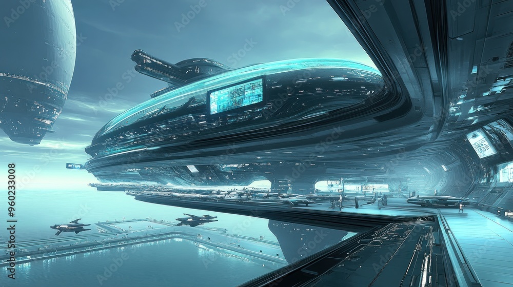 Poster futuristic space station with sleek architecture and spacecraft.
