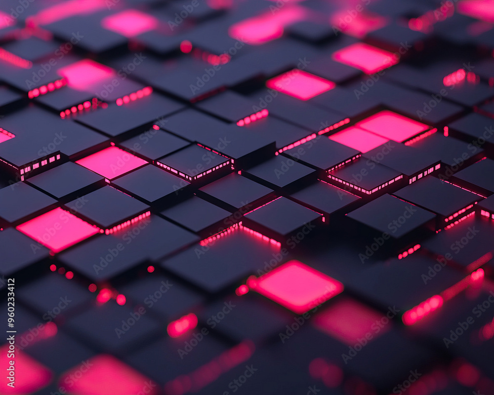 Poster futuristic abstract design with glowing red squares on a dark background, perfect for technology or 