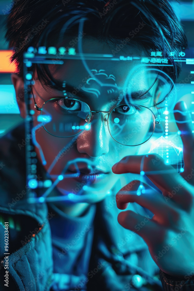 Aufkleber the young man with glasses focuses on a vibrant digital display, showcasing data analysis in a techn