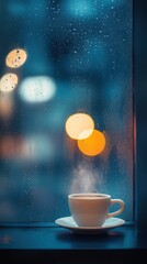 Raindrops cling to a foggy window as a steaming cup of coffee sits on a saucer, offering warmth amidst the dreary weather