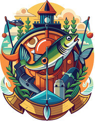 Naklejka premium Fishing vector art,graphics Fishing icon set,vintage illustration Fishing clipart,vector Fishing flat style artwork design