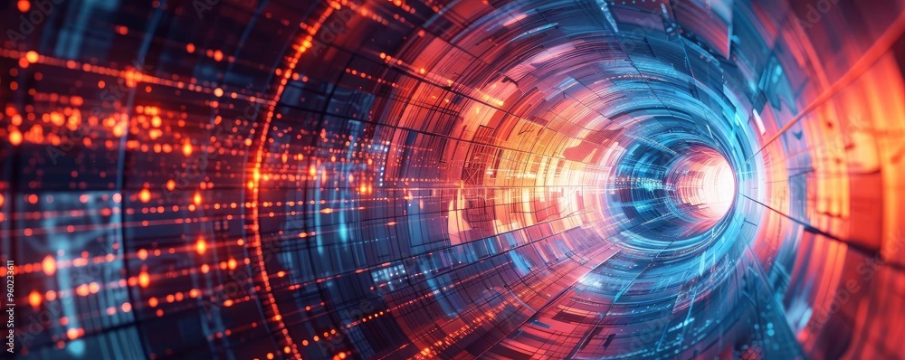 Poster a vibrant digital tunnel illustrating the flow of data with colorful lights and energetic patterns, 