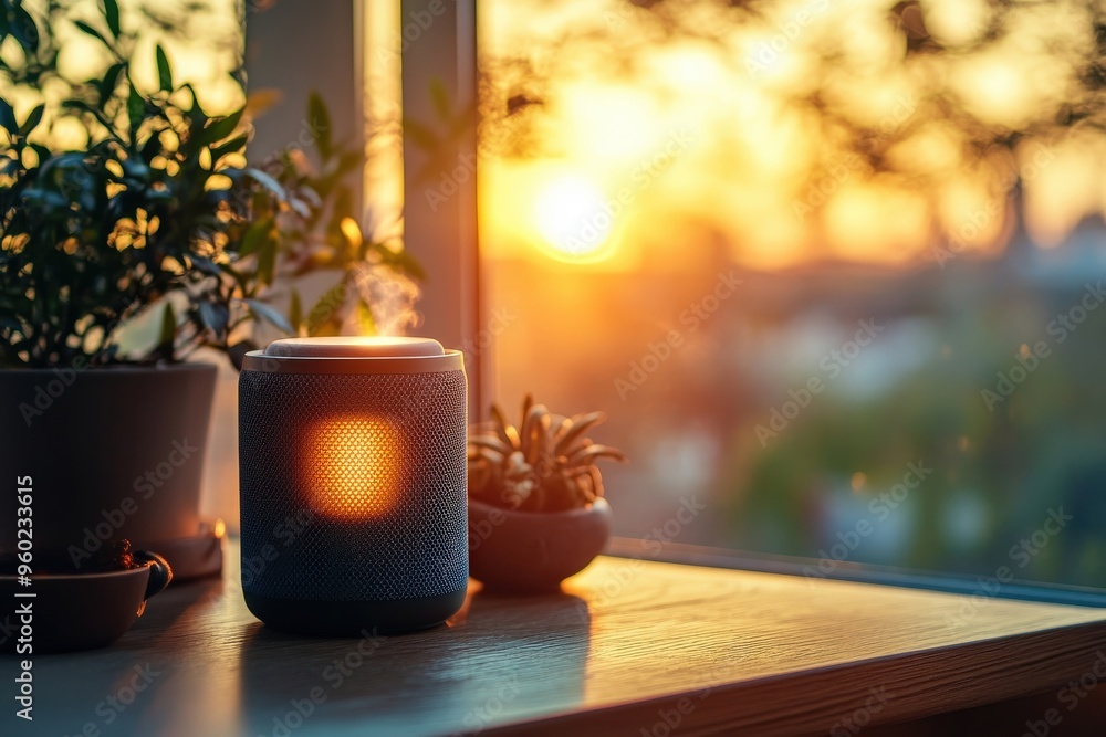 Poster simple ai-powered speaker playing morning music, minimal setting with soft light, abundant empty spa