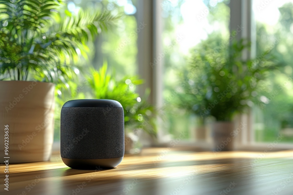 Poster simple ai-powered speaker playing morning music, minimal setting with soft light, abundant empty spa
