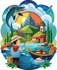Naklejka premium Fishing vector art,graphics Fishing icon set,vintage illustration Fishing clipart,vector Fishing flat style artwork design
