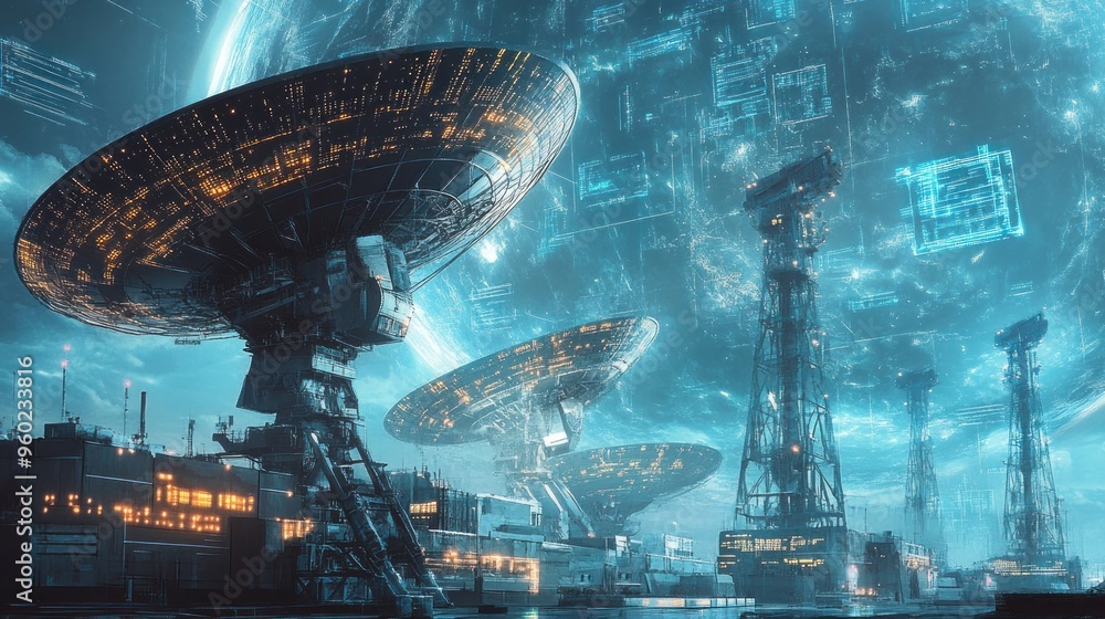 Wall mural futuristic satellite array with glowing technology and data projections in a sci-fi landscape.