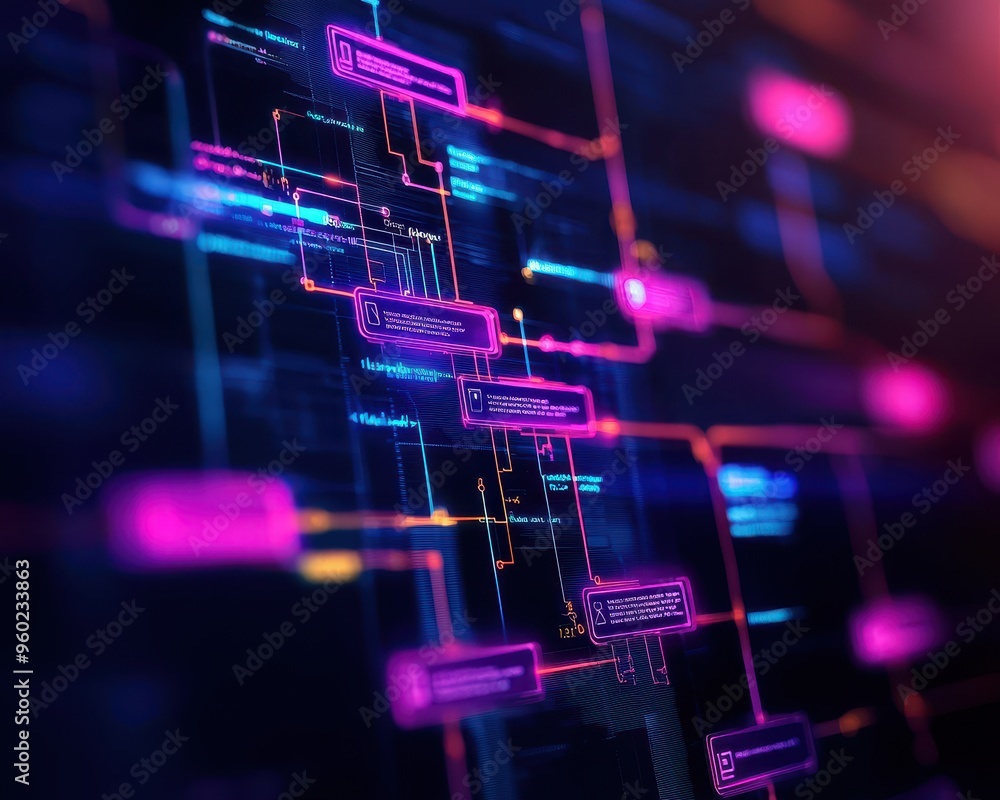 Aufkleber abstract digital data network, futuristic technology background with colorful neon lines and nodes r