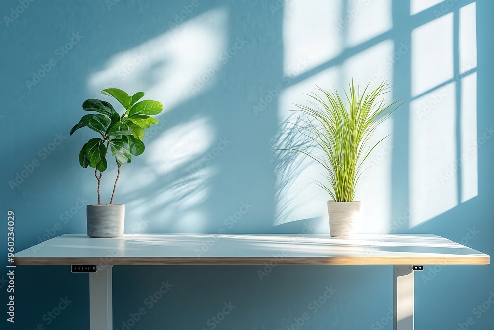 Poster minimal ai-controlled standing desk adjusting height, soft morning light, abundant empty space for c