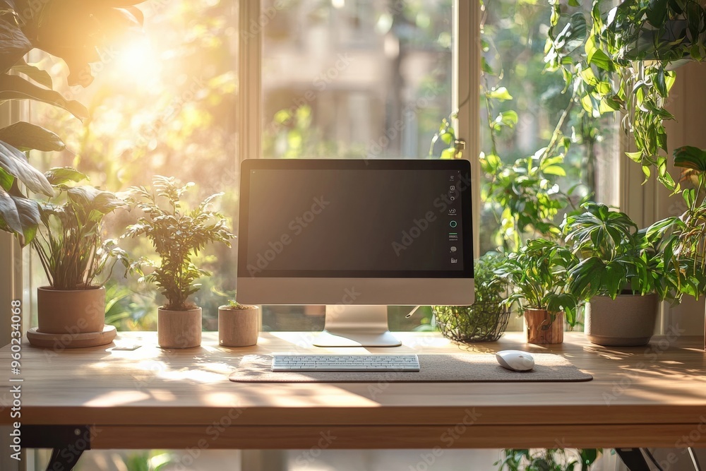 Poster minimal ai-controlled standing desk adjusting height, soft morning light, abundant empty space for c