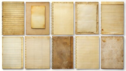 Collection of vintage notepad papers with yellowing pages, worn edges, and nostalgic charm