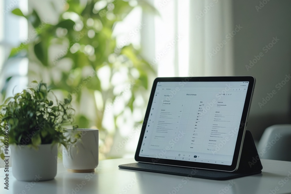 Poster minimal ai-powered task management app open on a tablet, soft natural light, large blank space surro
