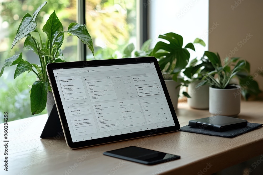 Canvas Prints minimal ai-powered task management app open on a tablet, soft natural light, large blank space surro