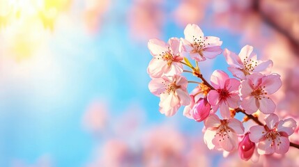 Fototapeta premium Beautiful cherry blossoms in full bloom with a vibrant blue sky and sunlight in the background, signaling the arrival of spring.