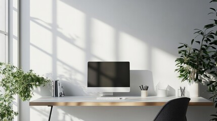 Simple AI-powered lighting system in a minimalist home office, soft natural light, large blank space around, copy space for stock photo with minimal concept, No logo, No Trademark, No text