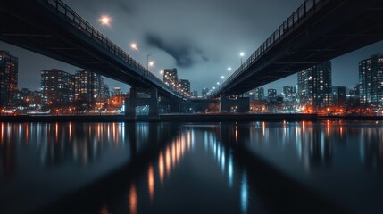 Nighttime cityscape with a bridge reflecting in the water.