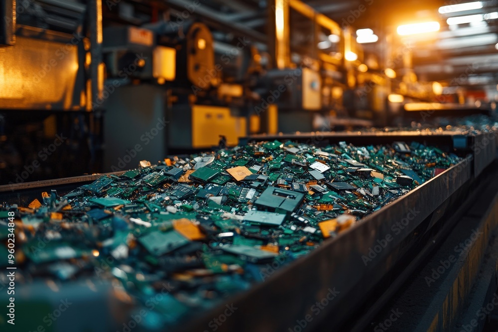 Wall mural ai-driven sorting machine processing e-waste, minimal scene with soft light, ample copy space for de
