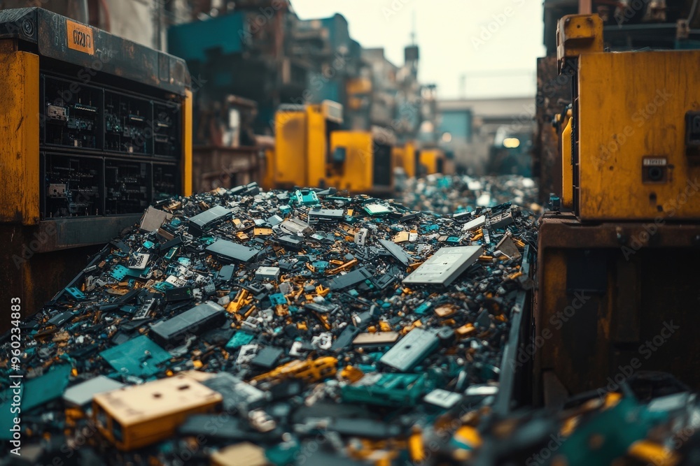 Wall mural ai-driven sorting machine processing e-waste, minimal scene with soft light, ample copy space for de