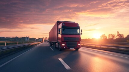 Red Semi-Truck on Highway at Sunset