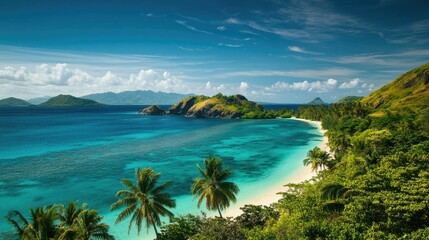 Fototapeta premium A picturesque view of the Mamanuca Islands with palm-fringed beaches and azure waters.