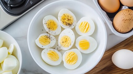 Half sliced boiled eggs in a white plate on a wooden table