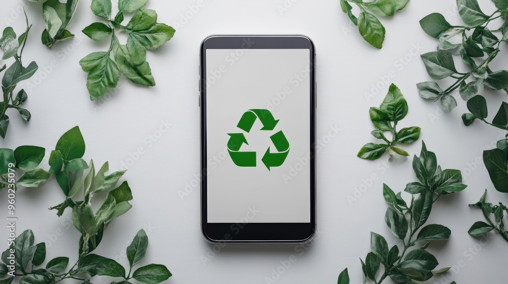 Canvas Prints minimal ai-powered app on a smartphone showing recycling tips, clean white background, large blank s