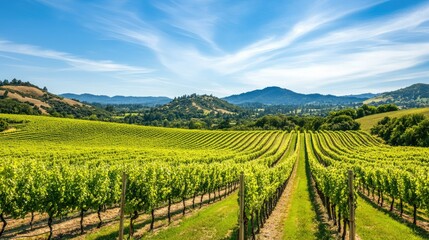 Fototapeta premium A picturesque vineyard in the Napa Valley with rows of grapevines and rolling hills.
