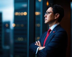 Fototapeta premium Businessman in a formal suit and red tie standing by a window, looking out at a cityscape. Professional and confident corporate leader.
