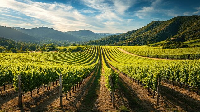 A picturesque vineyard in the Napa Valley with rows of grapevines and rolling hills.