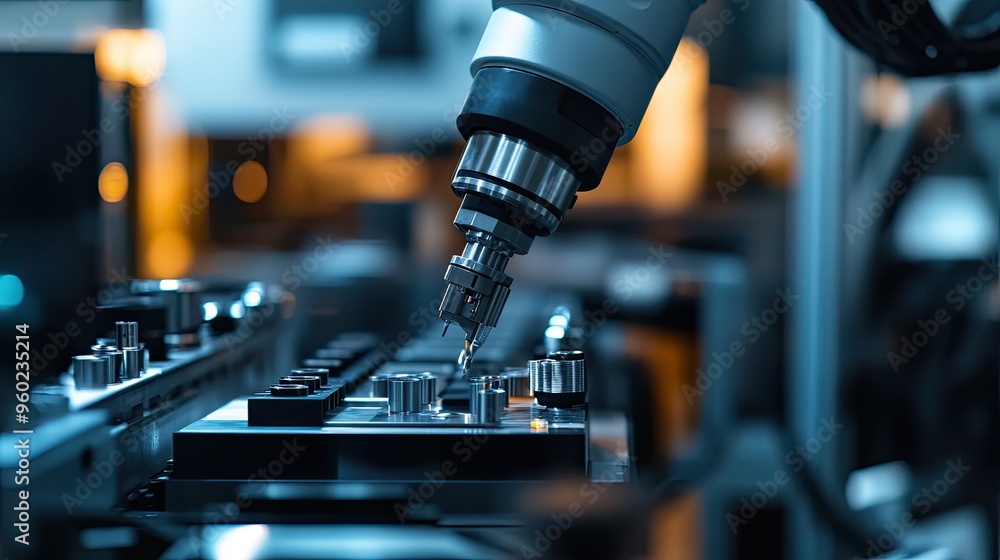 Poster robotic arm engaging in precision assembly within an industrial setting.