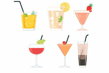 Set of Tropical Cocktails in Flat Style for Menu, Cocktail Cards. Margarita, Tom Collins, Pina Colada, Cosmopolitan, Mai Tai, Sea Breeze, Tequila Sunrise. Vector Isolated on White Background